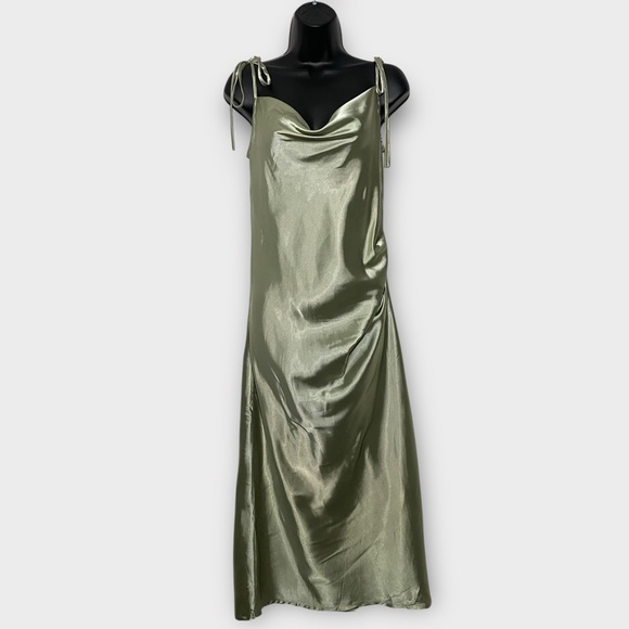 Cinderella Divine Green Satin Self Tie Spaghetti Strap Midi Slip Dress Siz Small - Picture 1 of 8